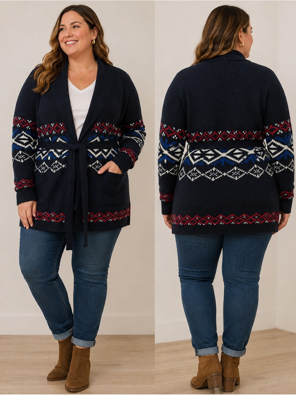 Merona Fair Isle Open Belted Cardigan NWT 2X